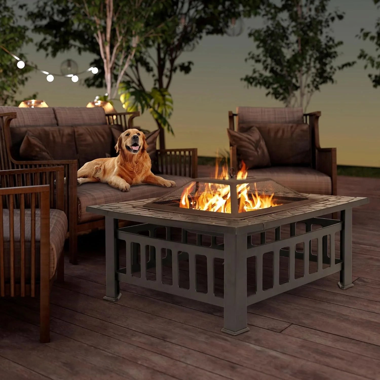 Fire Pit w/ Screen Lid & Waterproof Cover, BBQ Grill