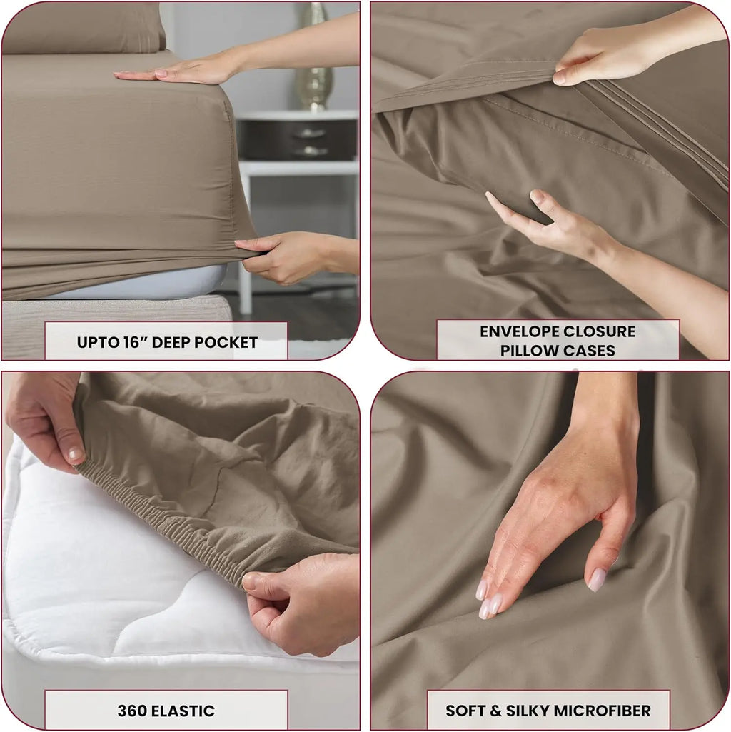 Lux Décor 4Pc Solid Sheet Set – Brushed Microfiber, 16" Deep Pockets, with Embroidered & Plain Pillowcases