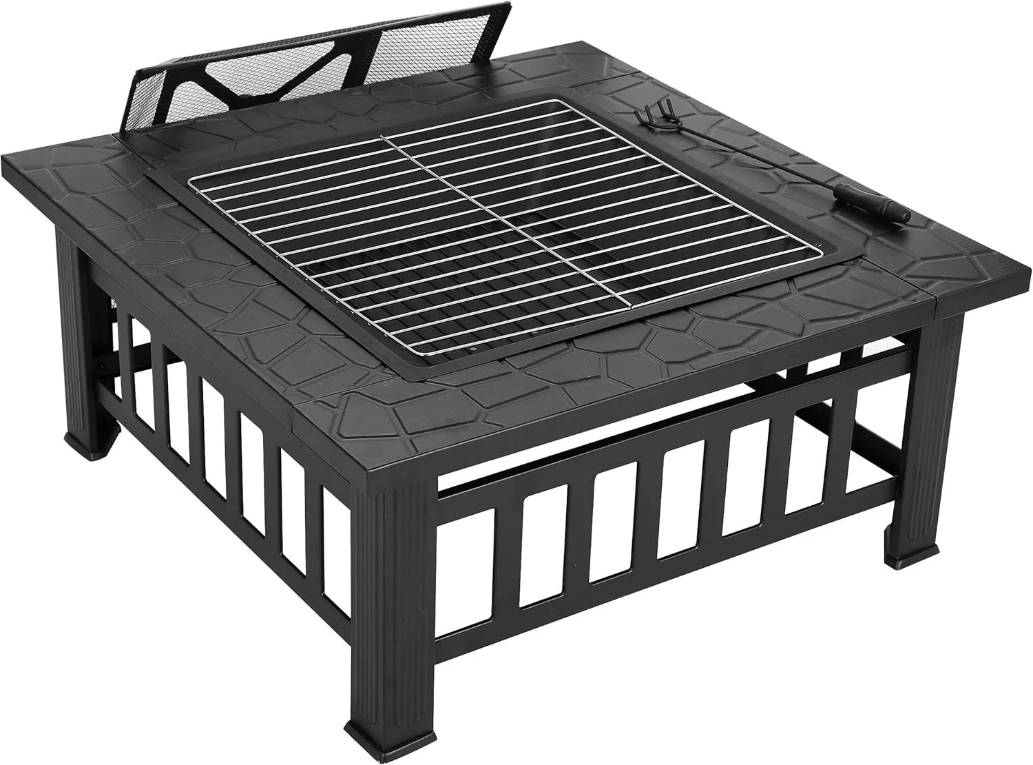 Fire Pit w/ Screen Lid & Waterproof Cover, BBQ Grill