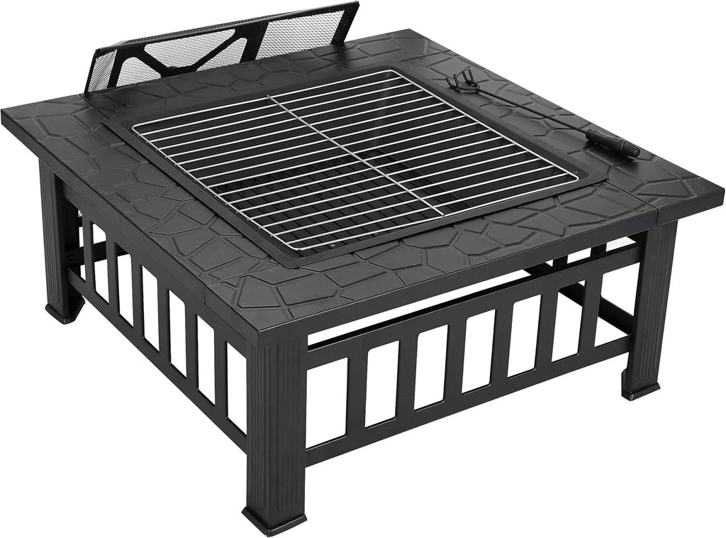 Fire Pit w/ Screen Lid & Waterproof Cover, BBQ Grill