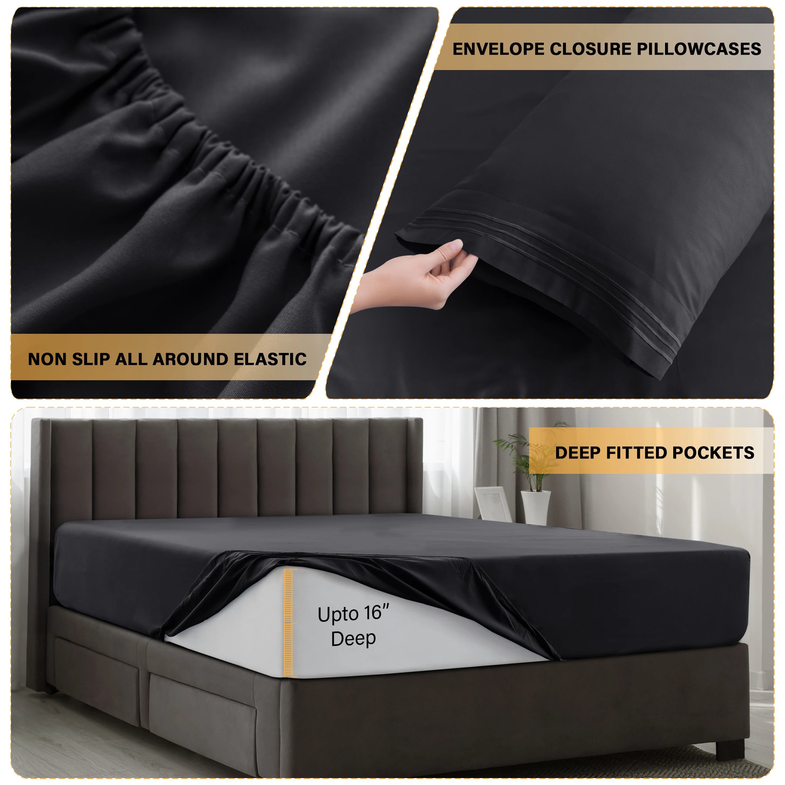 Lux Décor 4Pc Solid Sheet Set – Brushed Microfiber, 16" Deep Pockets, with Embroidered & Plain Pillowcases