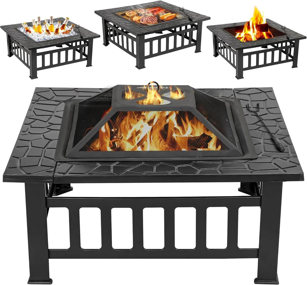 Fire Pit w/ Screen Lid & Waterproof Cover, BBQ Grill