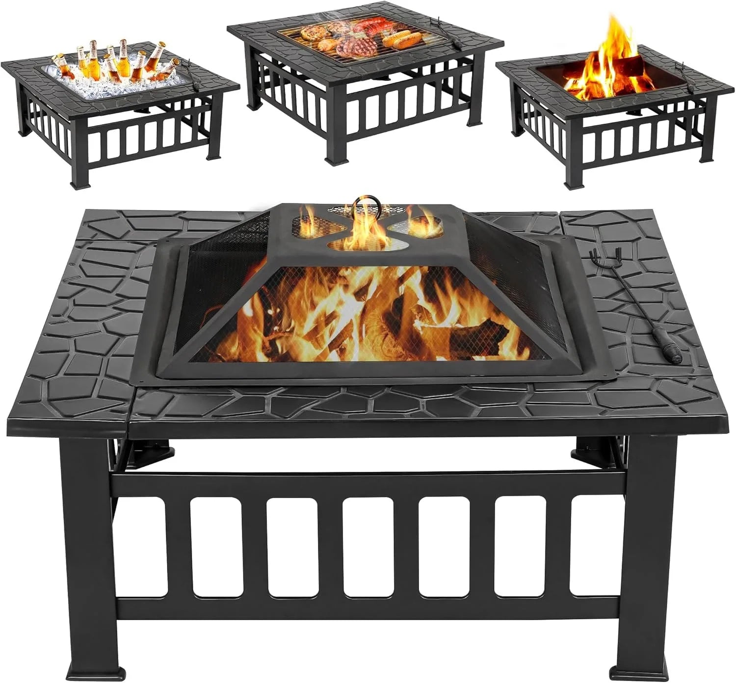 Fire Pit w/ Screen Lid & Waterproof Cover, BBQ Grill