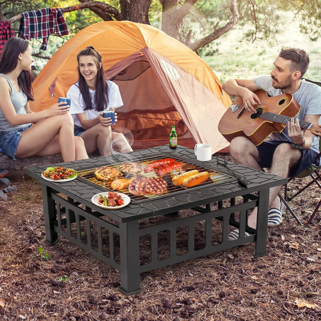 Fire Pit w/ Screen Lid & Waterproof Cover, BBQ Grill