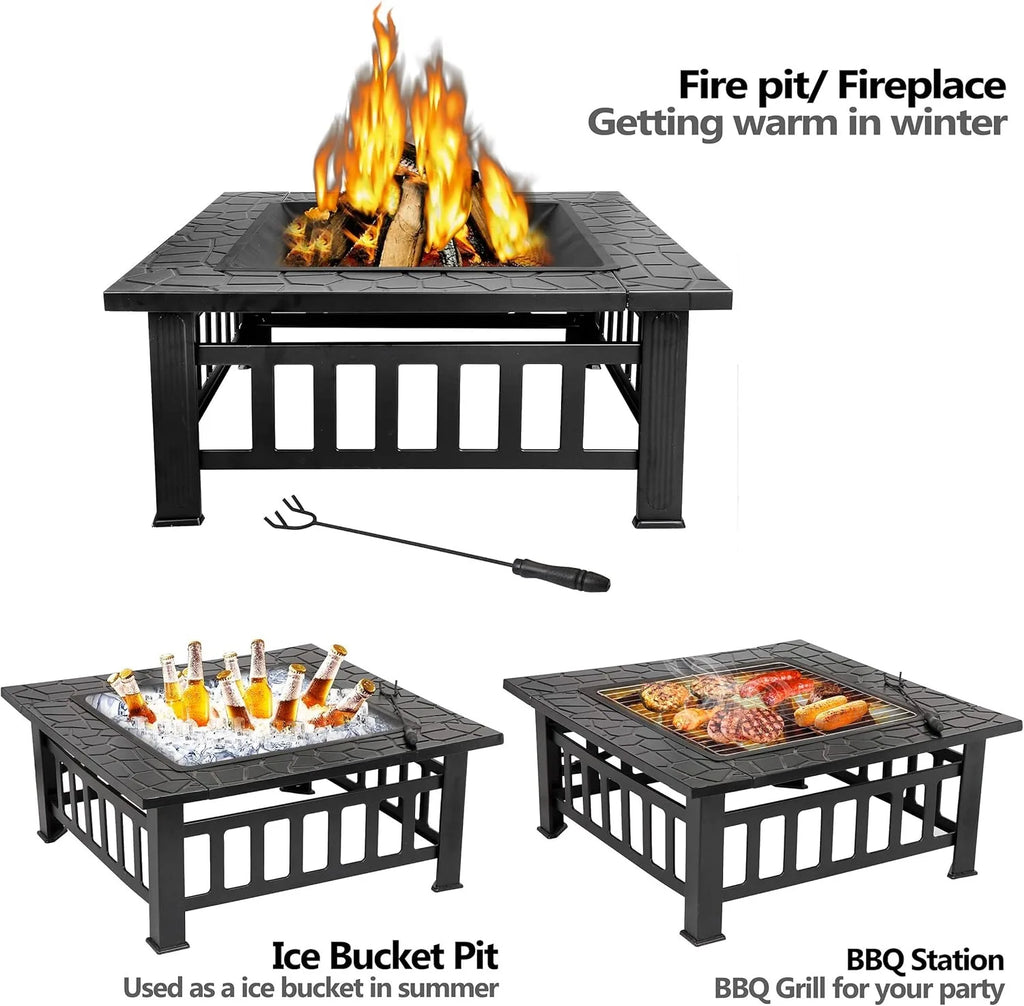 Fire Pit w/ Screen Lid & Waterproof Cover, BBQ Grill