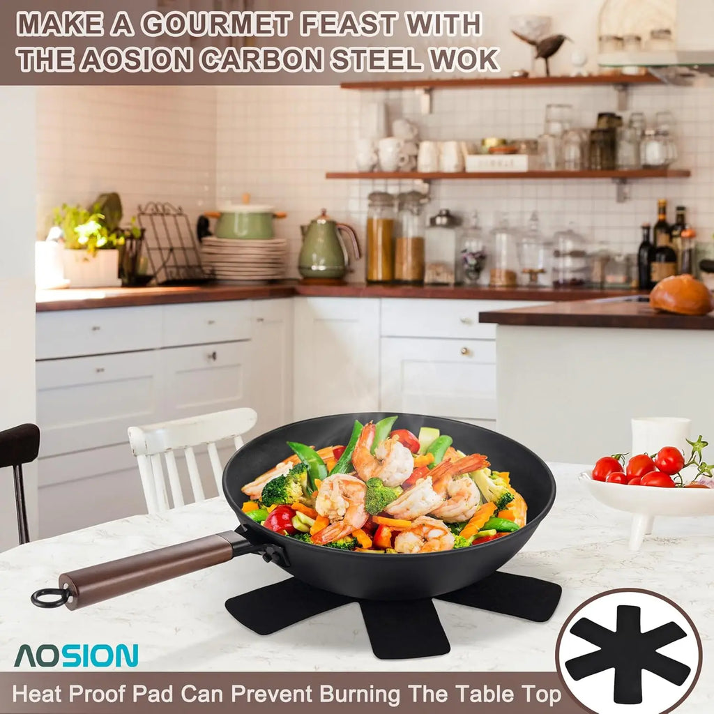 Wok Set w/ Lid & Utensils, 13'' Steel Non-stick Flat Bottom