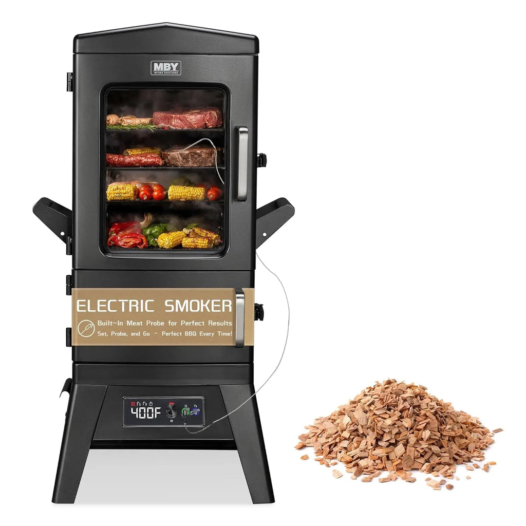 Smoker Grill, 4-Rack BBQ Electric w/ Meat Probe, Wood Chip Loader