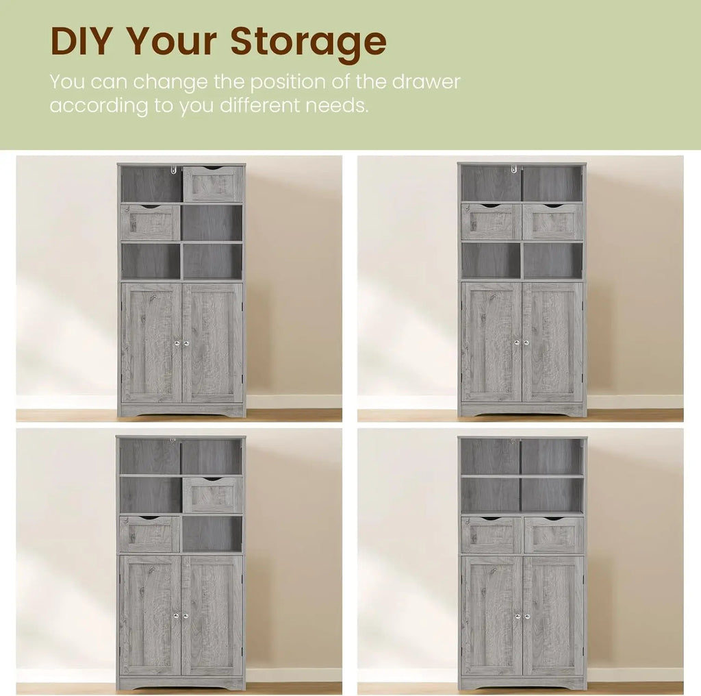 Tall Storage Cabinet with 2 Drawers, Adjustable Shelf, and Doors for Bathroom, Kitchen, Living Room - Grey