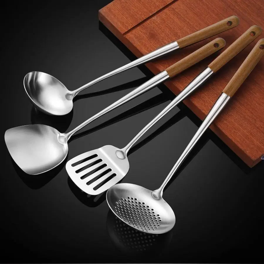 Wok Utensils, Stainless Steel 4 Pieces 17 Inch Wood Handle