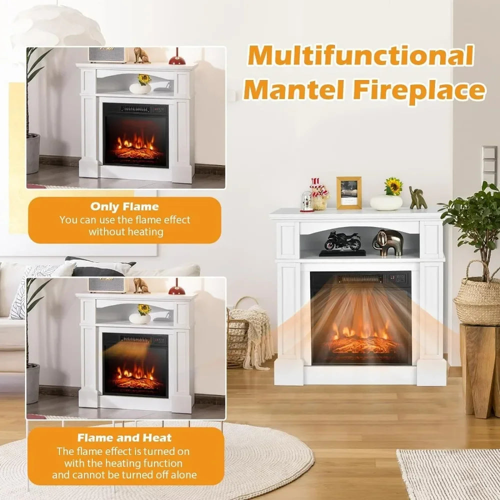32 Inch Freestanding Electric Fireplace with Mantel, Realistic Flame, Thermostat, 3-Level Brightness, and Remote Control