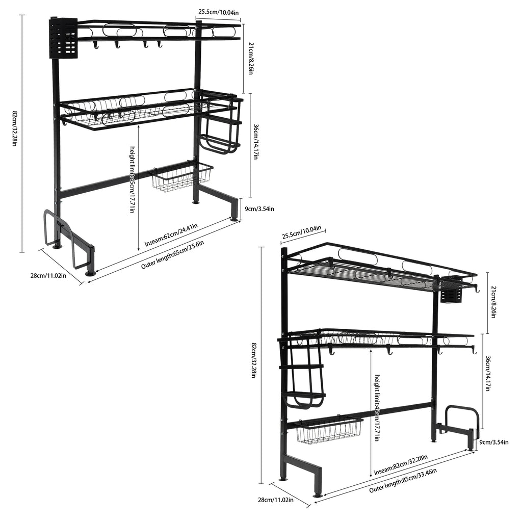 2 Tier Over Sink Dish Drying Rack,Carbon Steel Above Sink Dish Drainer Kitchen Organizer for Kitchen Counter,62/82CM