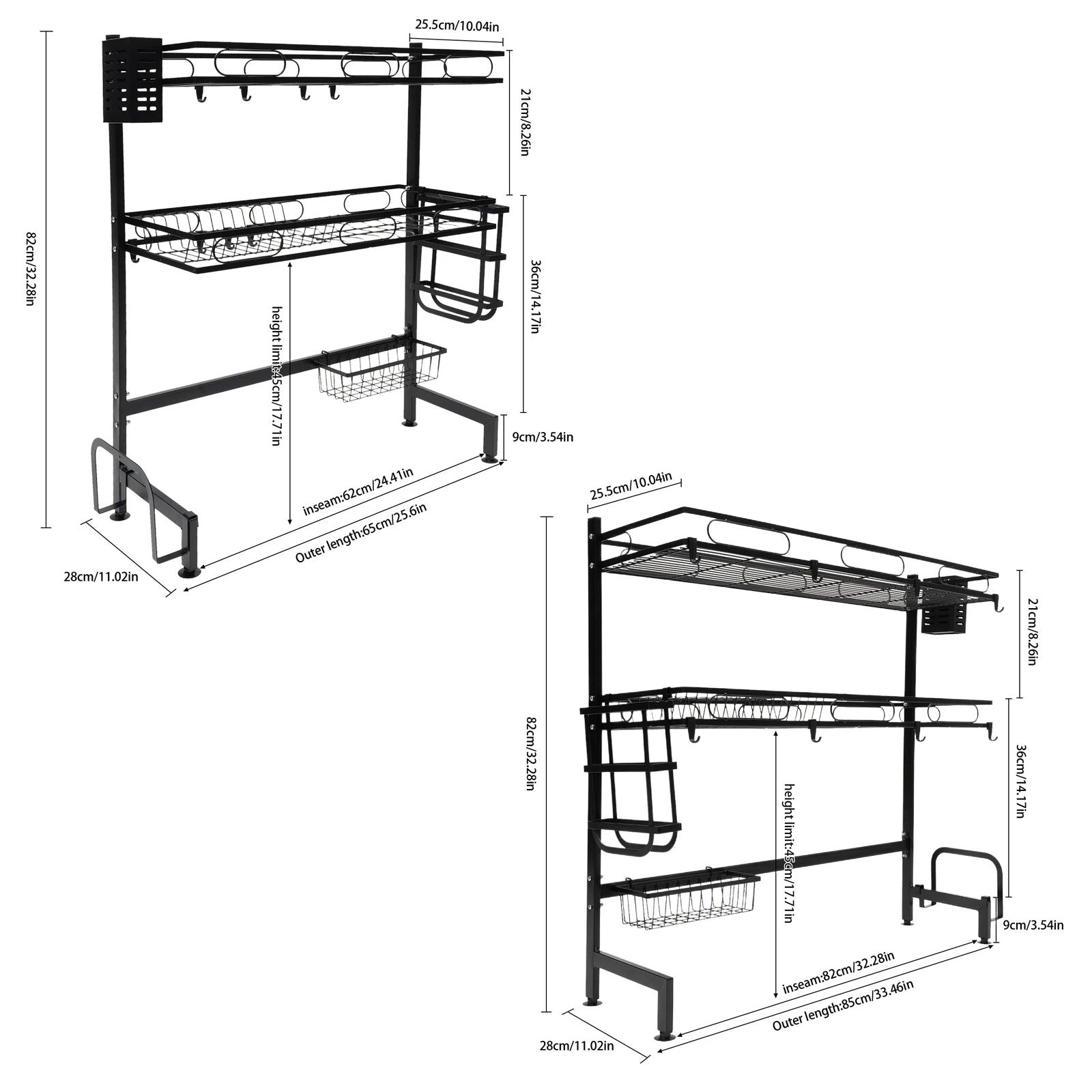 2 Tier Over Sink Dish Drying Rack,Carbon Steel Above Sink Dish Drainer Kitchen Organizer for Kitchen Counter,62/82CM