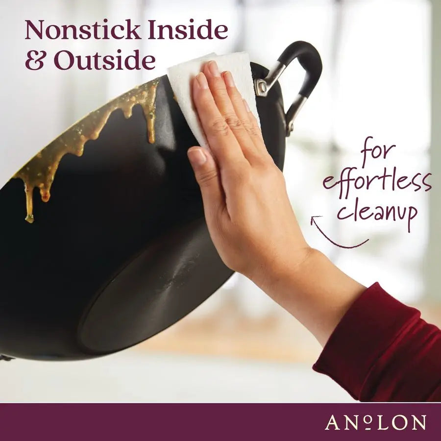 Wok, 14-In Nonstick Flat Bottom Covered Onyx