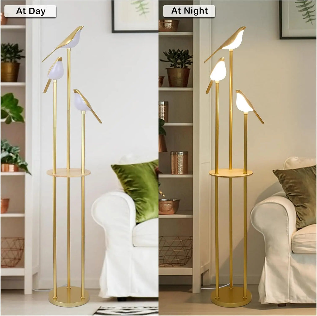 Floor Lamp w/ LED Bird Lights Wood Shelf Gold