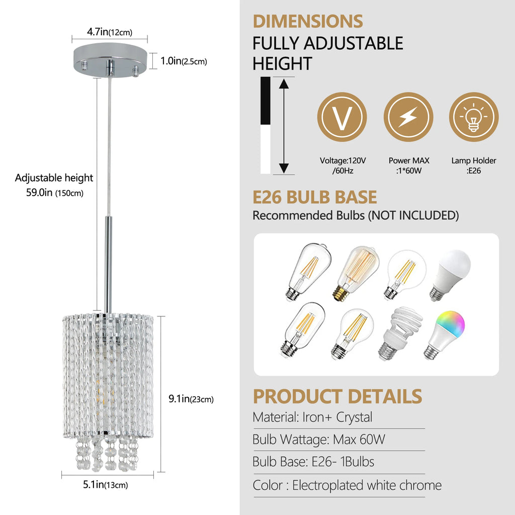 ARLGSITE Luxury Modern Crystal Pendant Light 3-Pack Adjustable Chrome Hanging Ceiling Fixture with Clear Beads, Elegant Design