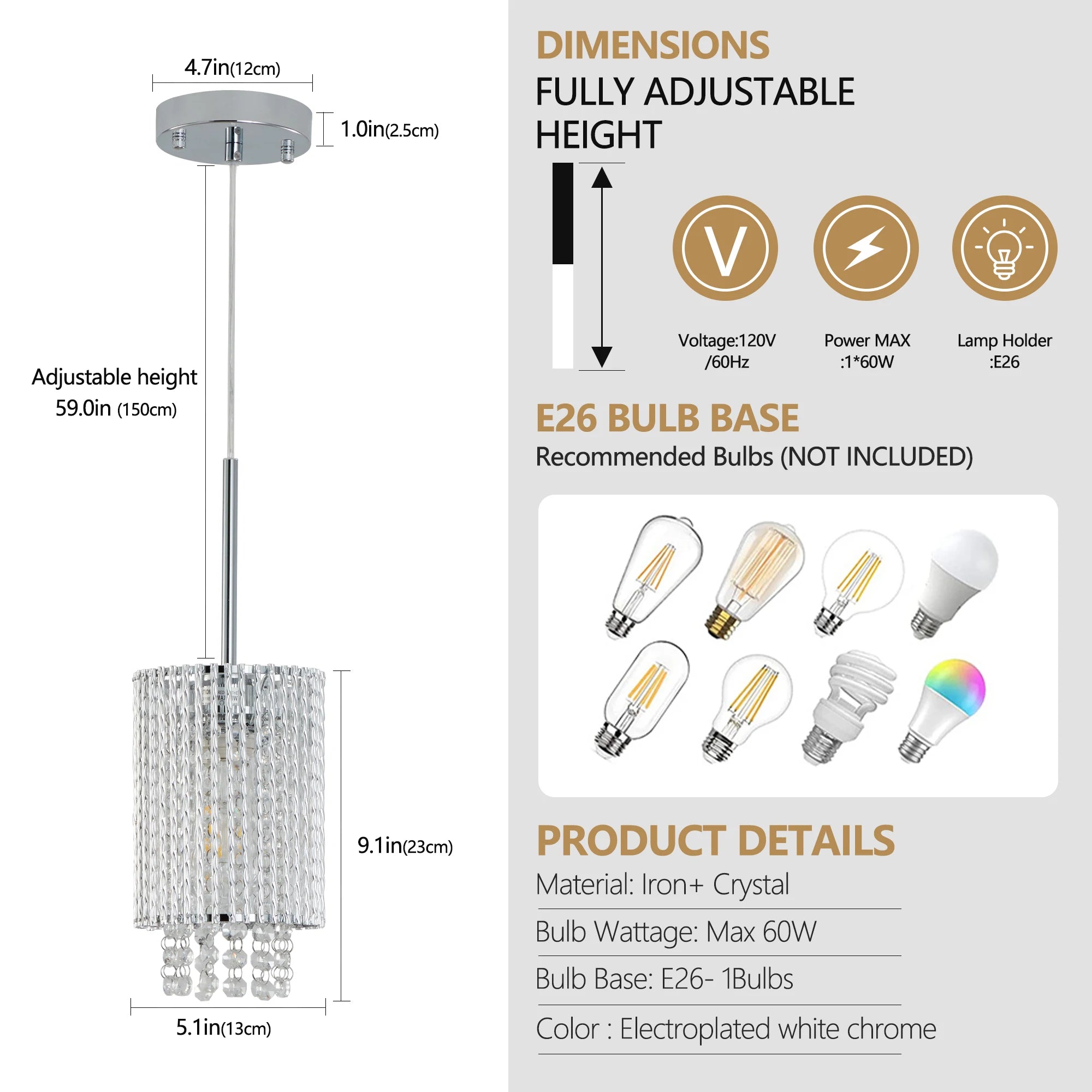 ARLGSITE Luxury Modern Crystal Pendant Light 3-Pack Adjustable Chrome Hanging Ceiling Fixture with Clear Beads, Elegant Design