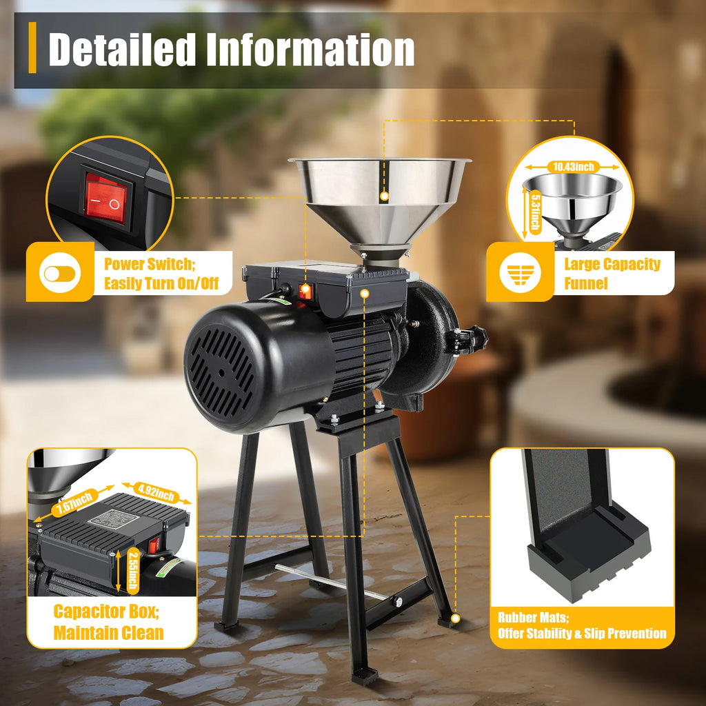 1500W Electric Grain Mill Stainless Steel Grinder 70kg h Capacity for Corn Wheat Beans