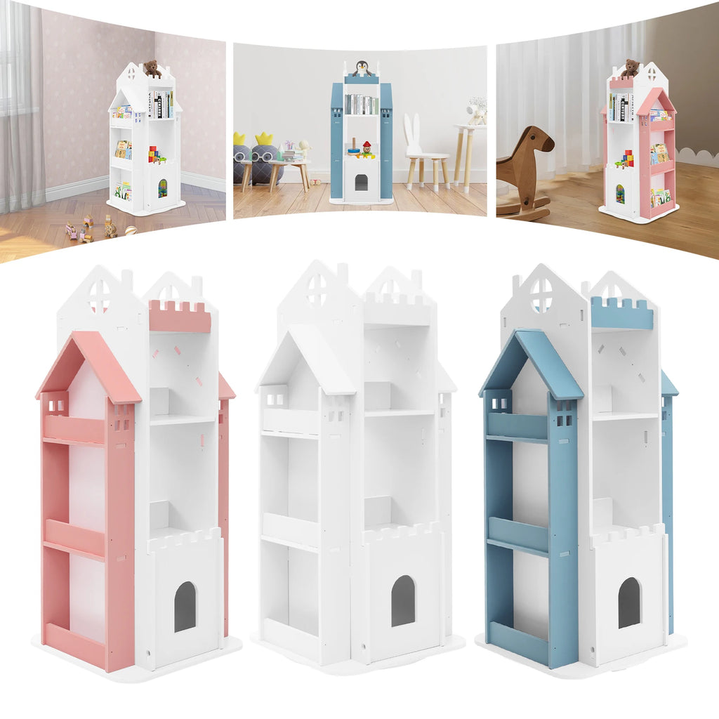 Rotating Kids Bookshelf 7 Tier Castle Design Book Toy Storage Organizer Book Display Shelf for Home Bedroom,3 Colors