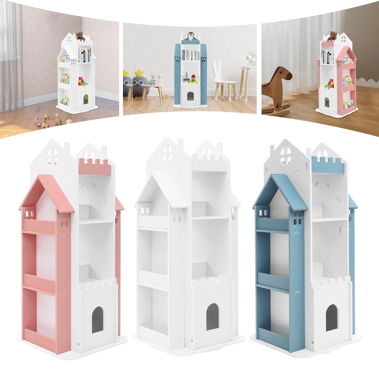 Rotating Kids Bookshelf 7 Tier Castle Design Book Toy Storage Organizer Book Display Shelf for Home Bedroom,3 Colors