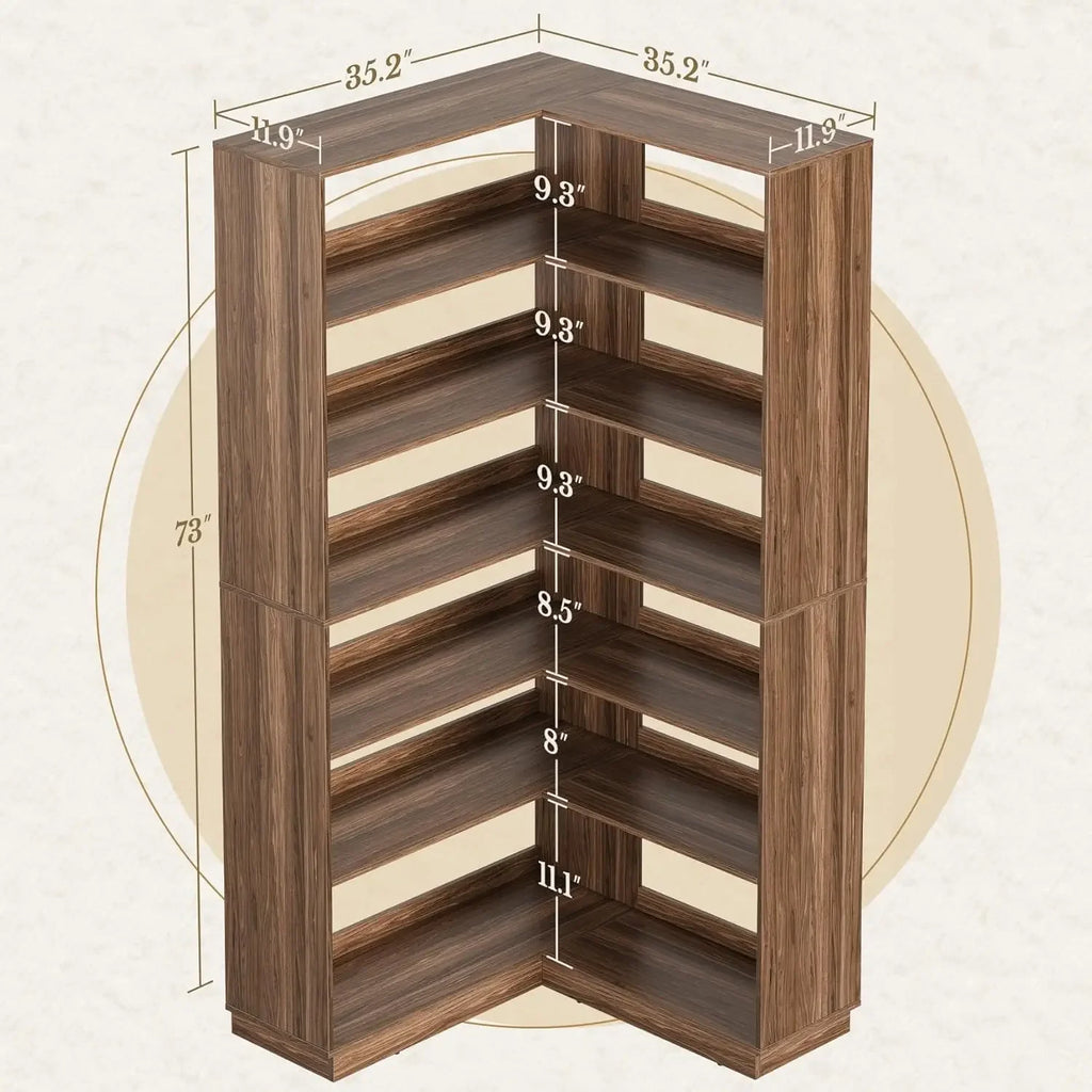 Corner Book Shelf, 6 Tier 73 Inch Tall Corner Bookshelf with Open Storage, Wood L Shaped Bookcase Storage Display Rack for Home