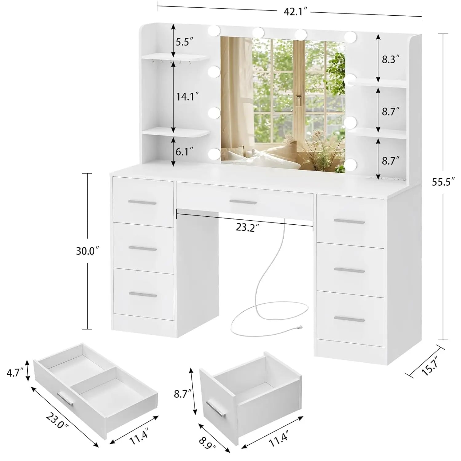 Large Vanity Desk with LED Mirror & Power Outlet 7 Drawers 4 Shelves 5 Hooks Bedroom Bathroom White, Customized