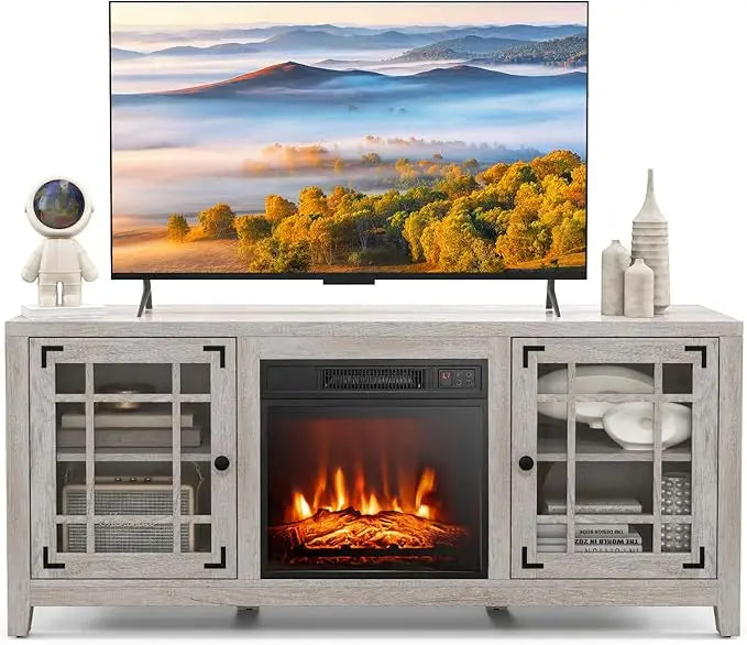 Electric Fireplace Stand with 18 Center, Remote & Thermostat, Adjustable Shelves for Home Entertainment Customized