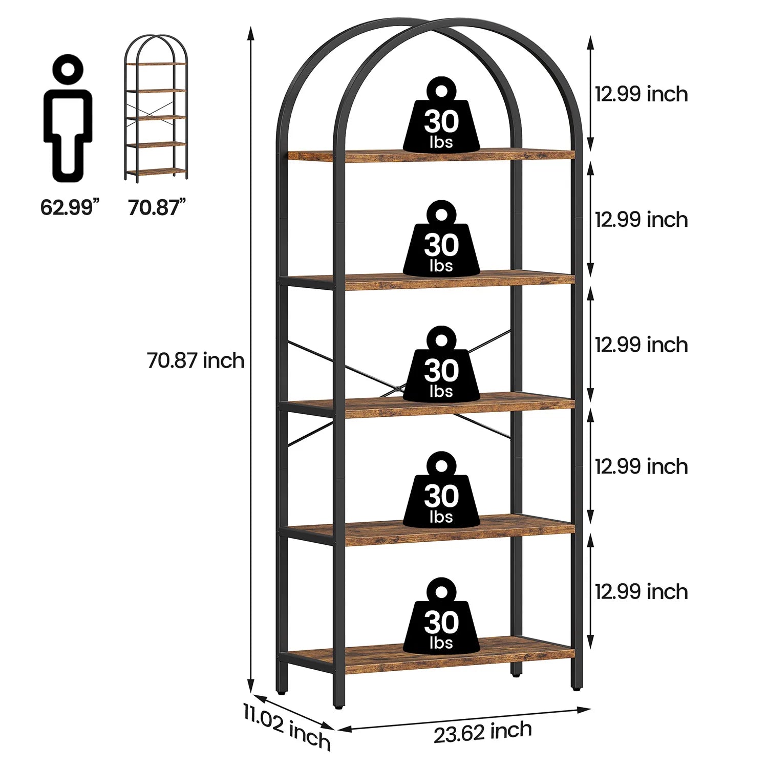 5-Tier Arched Bookshelf, 180cm Tall Industrial Open Bookcase, Freestanding Display Rack Metal Wooden Storage Shelving Units
