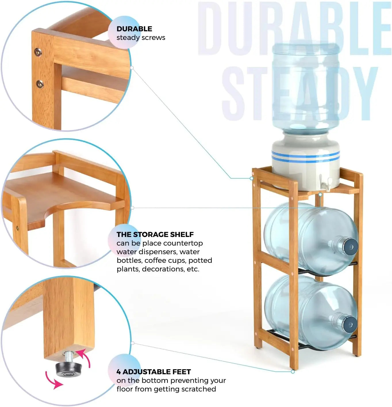 Water Dispenser Ceramic Stand, 31"H Wood Shelves 3-Tiers for 5 Gal Jugs