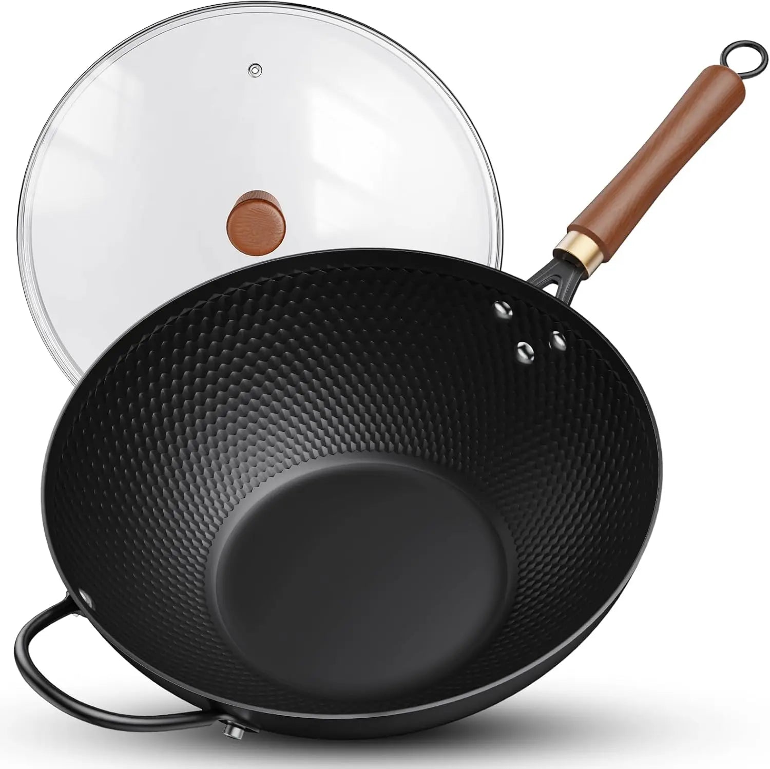 Wok Pan w/ Glass Lid, 13-In Steel Non-stick Induction Compatible