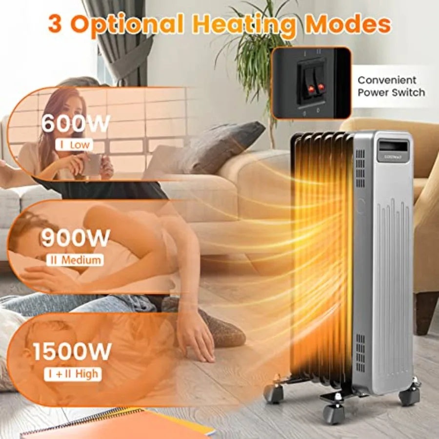 Heater, Electric Oil-Filled Radiator 1500W w/ Wheels