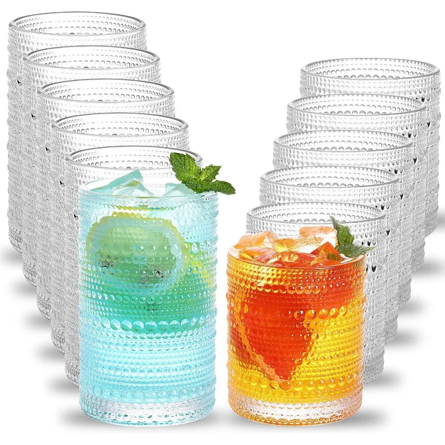 Glasses, Set of 12 12oz & 10oz Clear Embossed