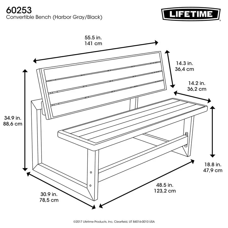 60253 Outdoor Convertible Bench, 55 Inch, Harbor Gray