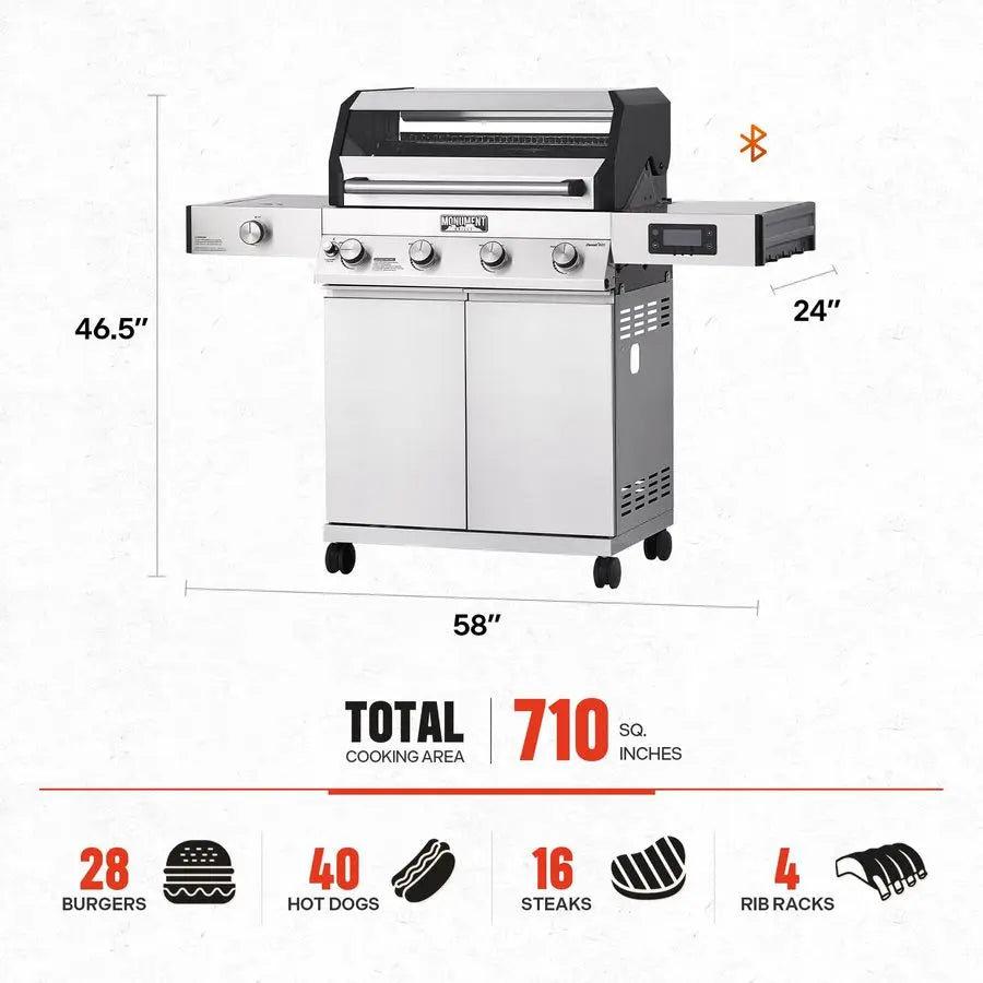 Gas Grill, 4-Burners w/ Side Burner, BBQ Stainless Steel Smart technology