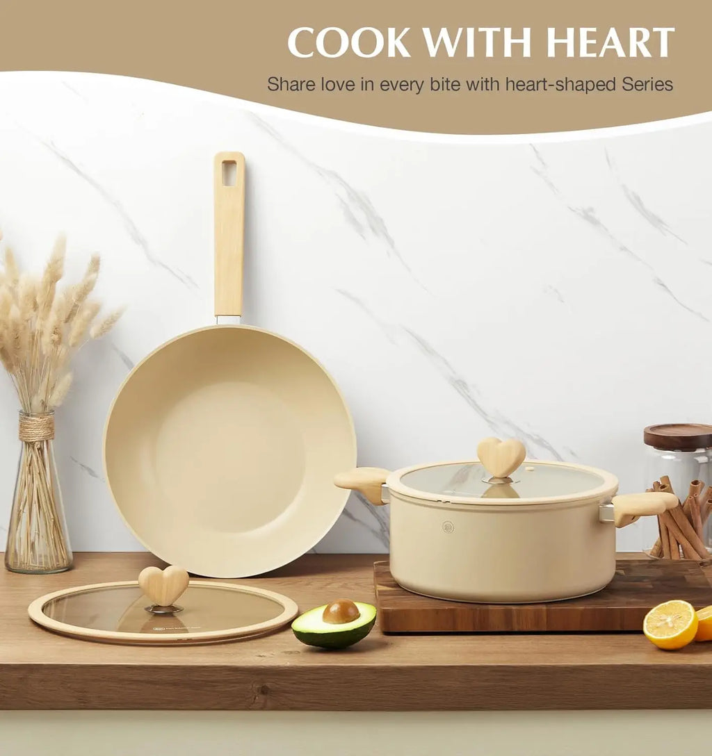Wok w/ Glass Lid, 11-In Non-stick 5-Qt, Induction Compatible, Heart-Shaped Handles