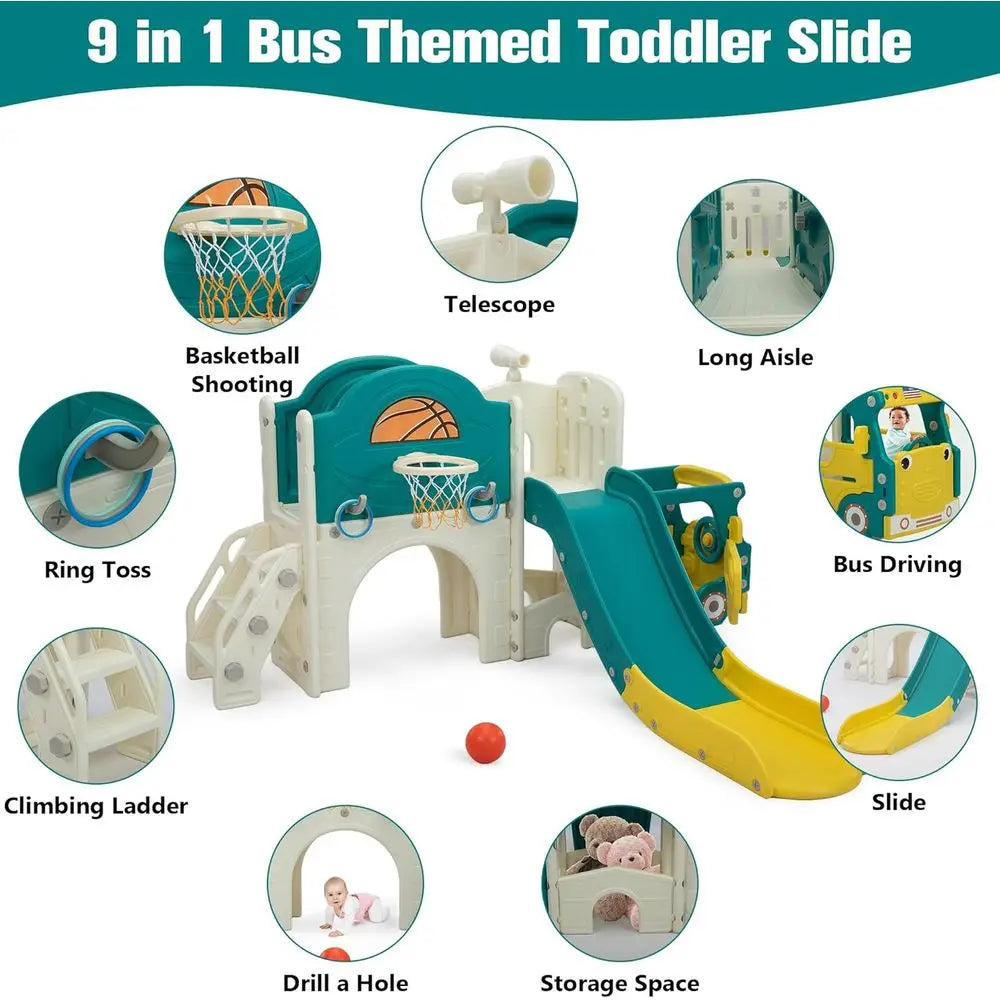 All-in-One Toddler Playground: Bus-Themed Climber with Slide, Basketball, Ring Toss, and Car Playhouse for Indoor & Outdoor Fun