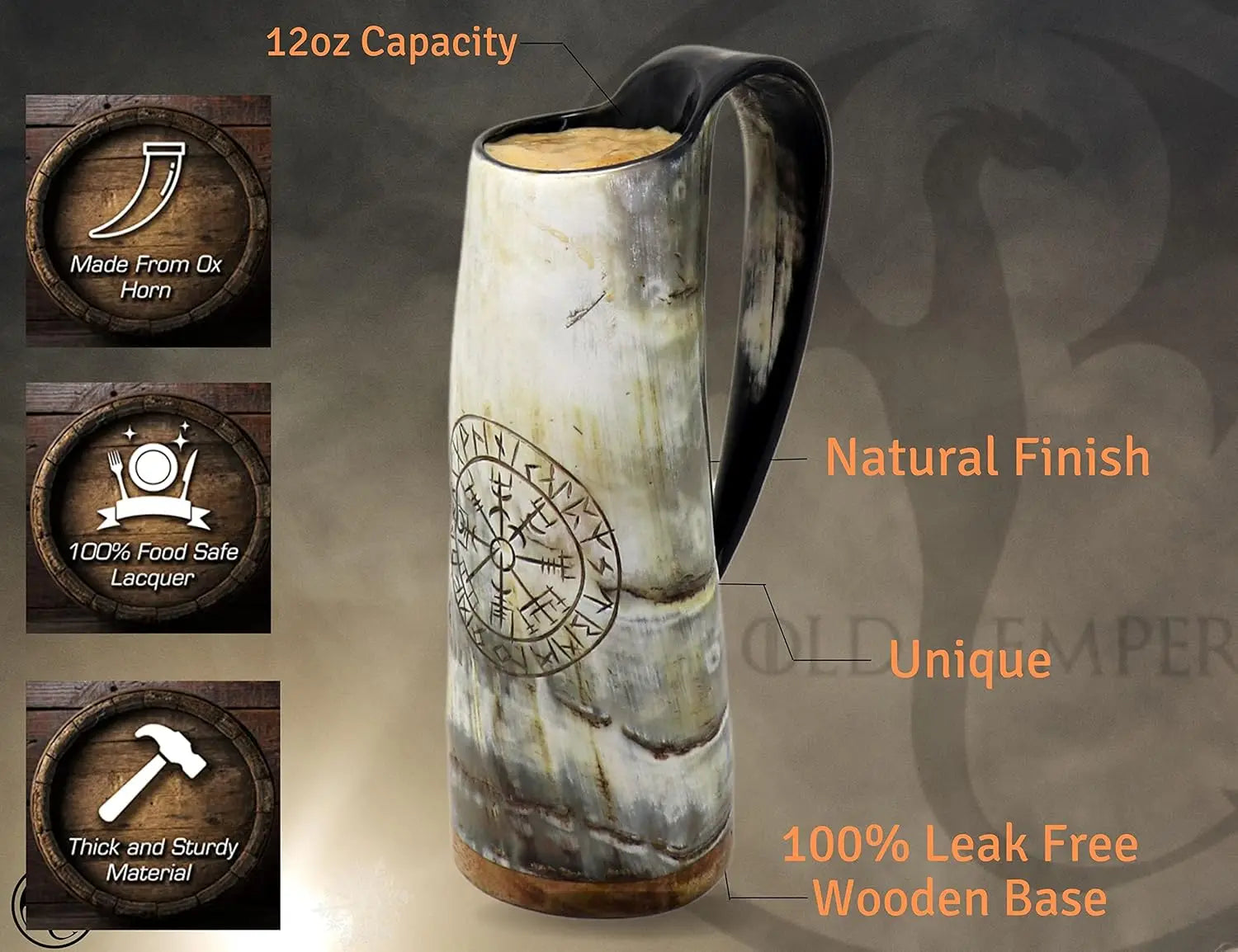 Mug w/ Real Ox Horn, 12oz Viking Engraved Finish for Hot&Cold