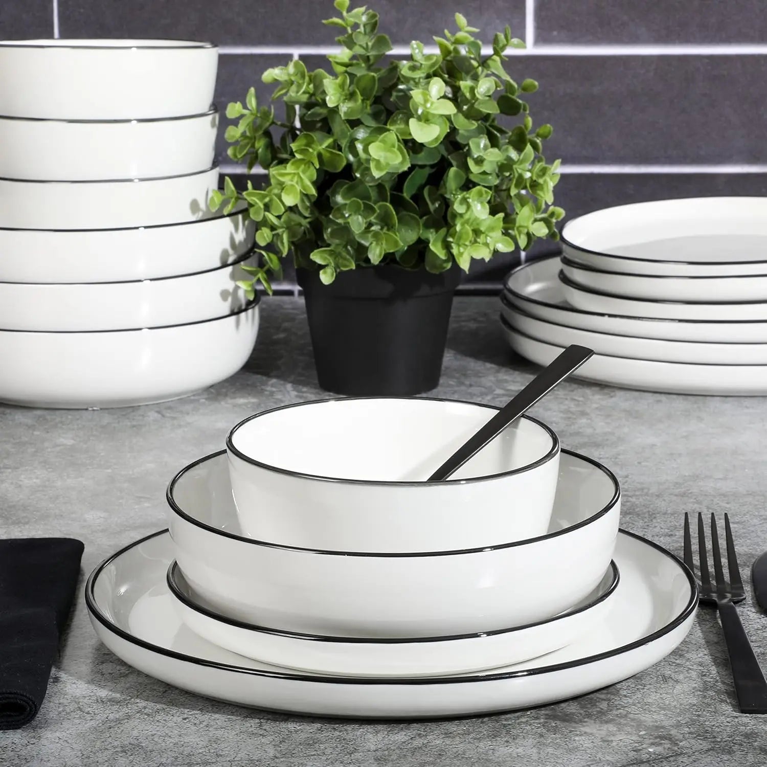 16-Piece Porcelain Dinnerware Set for 4, White Plates with Black Rim, Microwave & Dishwasher Safe