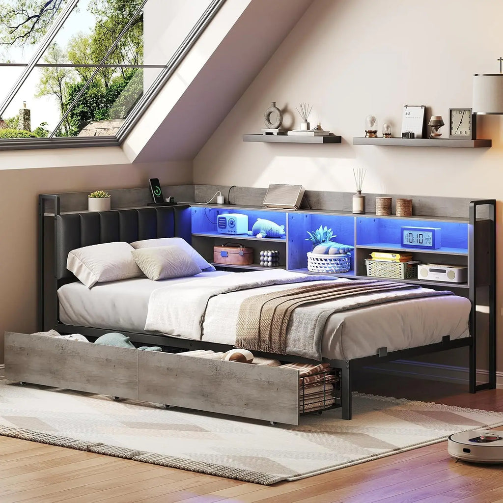 Corner Bookcase Twin Daybed PU Upholstered 2 Drawers Charging Station Metal Frame Bedroom Guest Gray Black, Customized