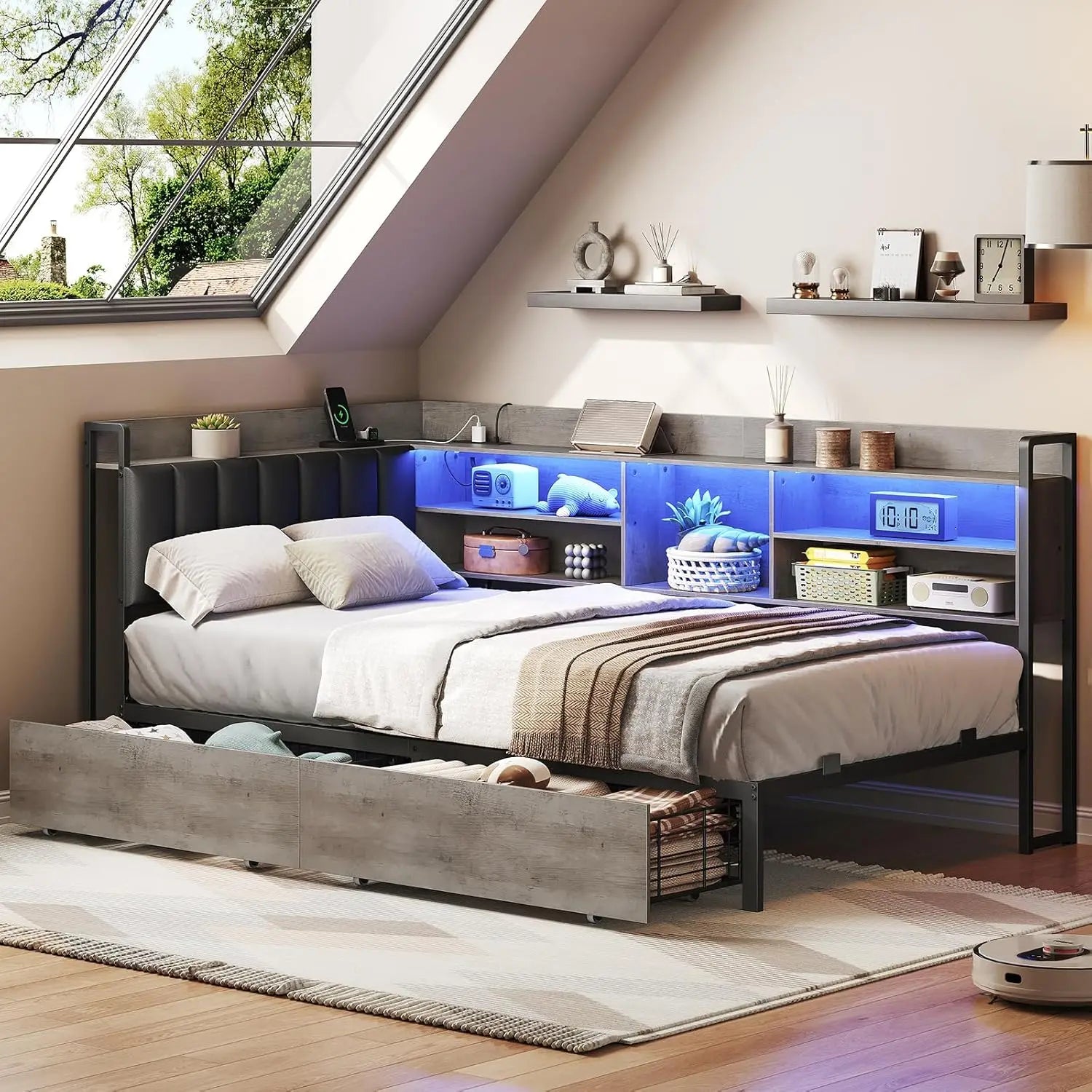 Corner Bookcase Twin Daybed PU Upholstered 2 Drawers Charging Station Metal Frame Bedroom Guest Gray Black, Customized