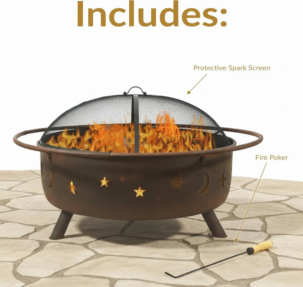 42-Inch Large Outdoor Wood-Burning Fire Pit with Spark Screen, Poker, and Grate - Perfect for Backyard Gatherings