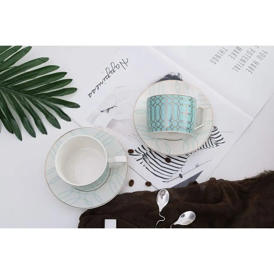 Cups & Saucers, Porcelain Set of 4 Mint Green Gift