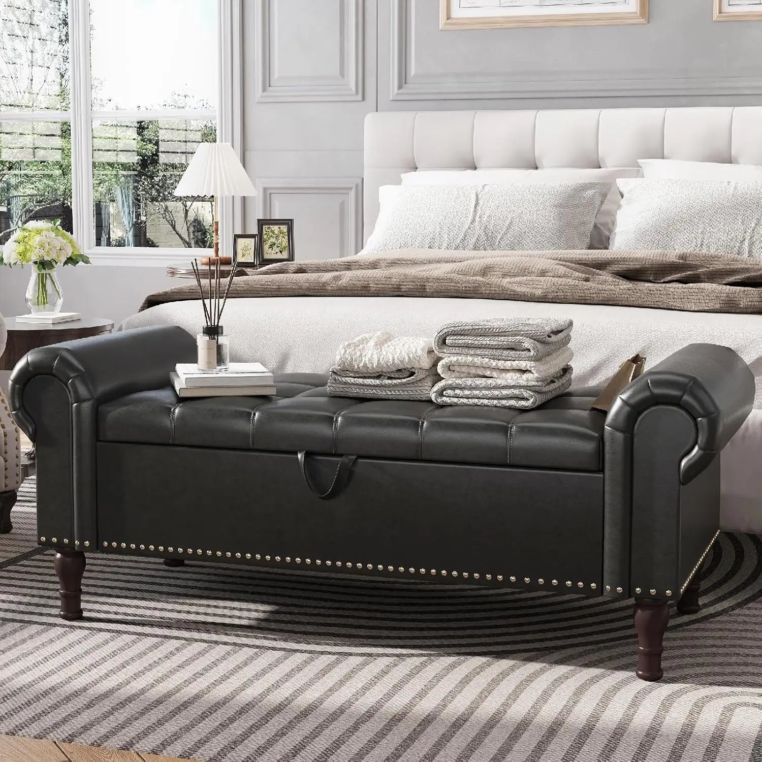 51” Bench with Storage, Upholstered Tufted Button Bedroom Bench with Storage, Faux Leather End of Bed Bench with, Customized