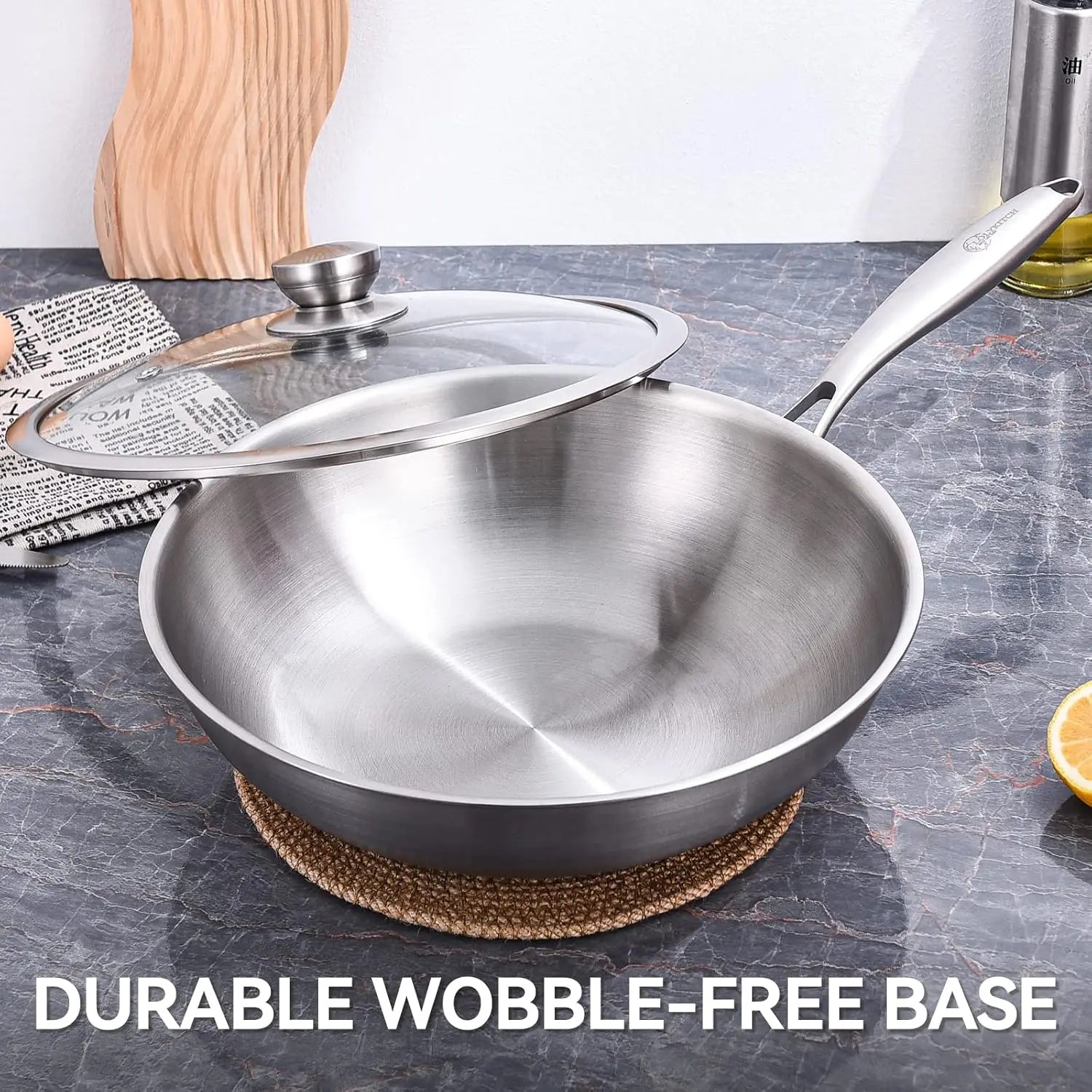 13-Inch Stainless Steel Wok Pan with Lid, Induction Compatible, Dishwasher & Oven Safe