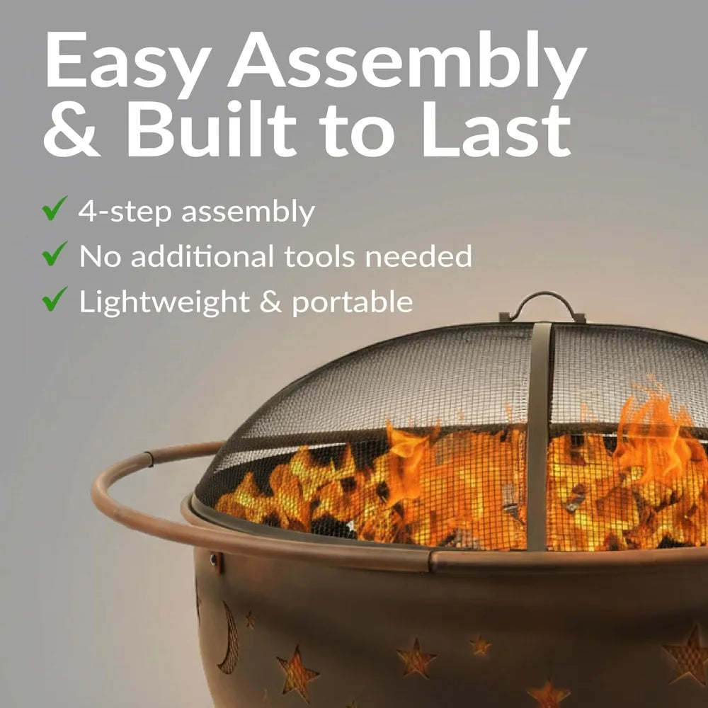42-Inch Large Outdoor Wood-Burning Fire Pit with Spark Screen, Poker, and Grate - Perfect for Backyard Gatherings