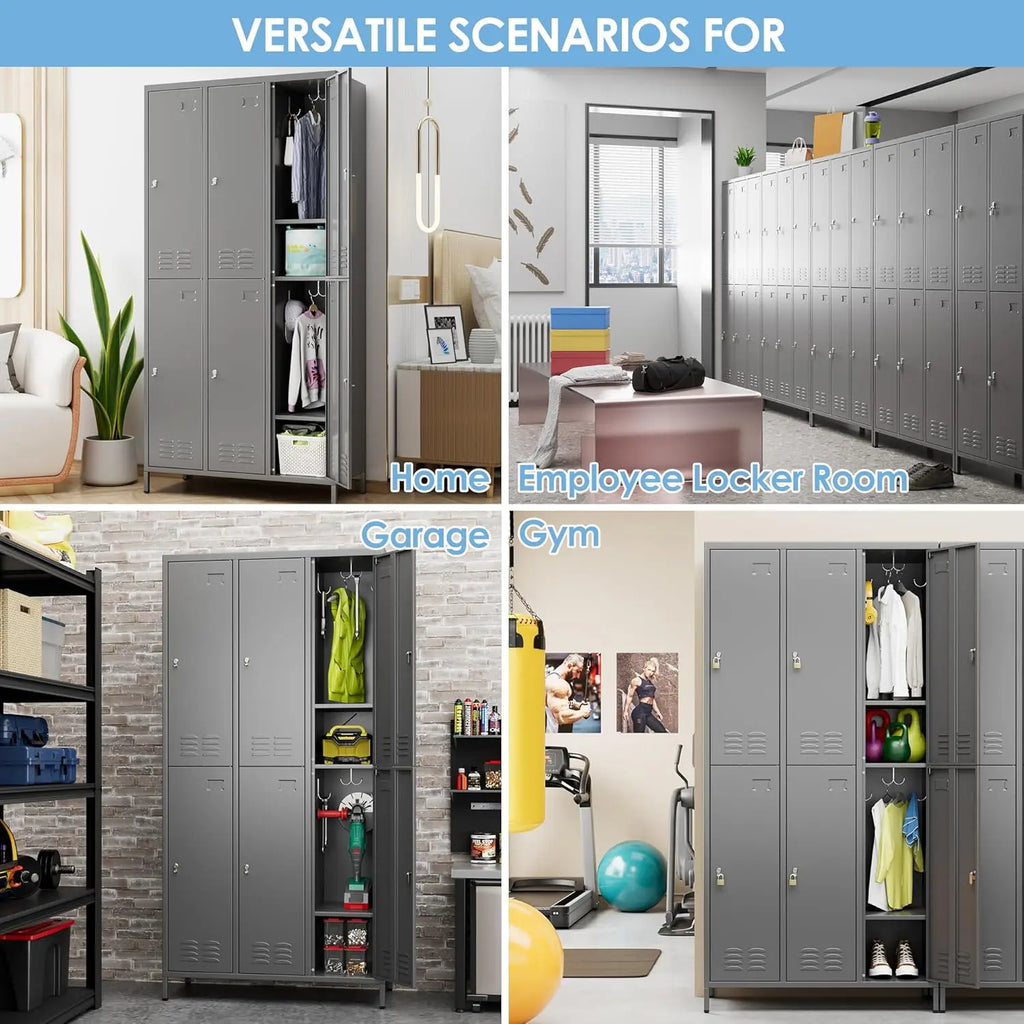 6 metal employee storage cabinets, equipped with 12 hooks, suitable for schools, gyms, bedrooms. Available in three colors.