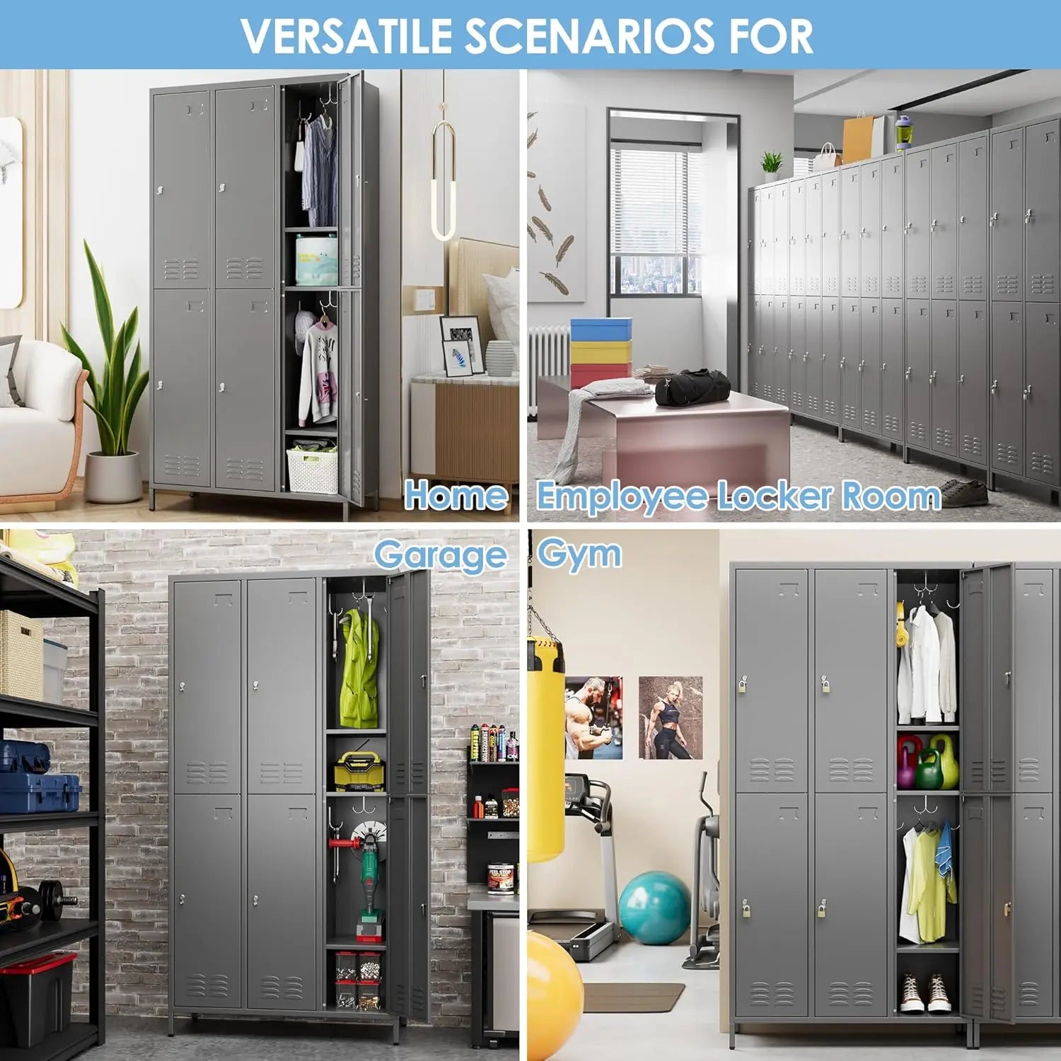 6 metal employee storage cabinets, equipped with 12 hooks, suitable for schools, gyms, bedrooms. Available in three colors.