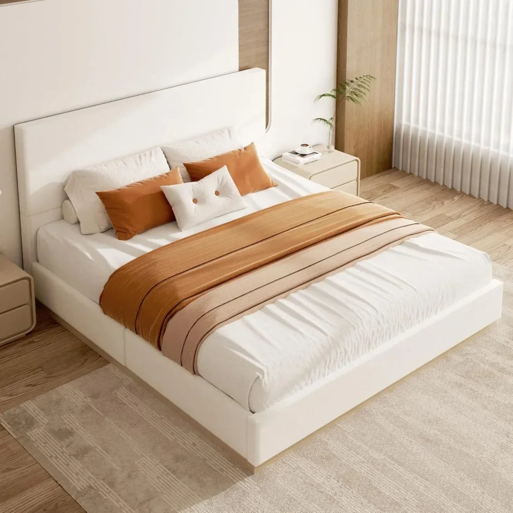 King Size Platform Bed Frame with Headboard, Velvet Grounded Bed with Wood Slats, Heavy Duty Mattress Foundation.