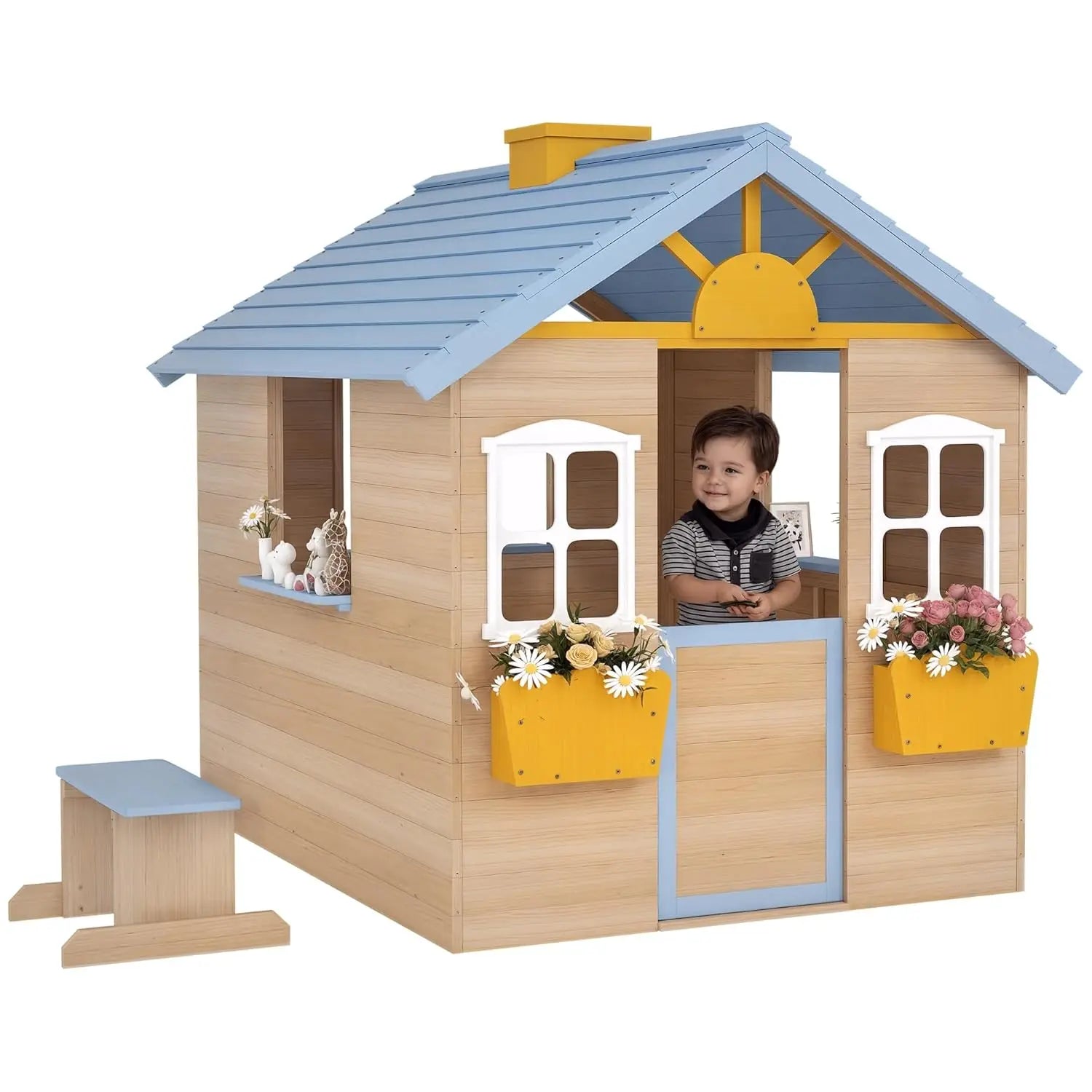 Wooden Playhouse for Kids Outdoor Garden Pretend Play Games, Adventures Cottage, with Working Door, Windows, Bench,, Customized