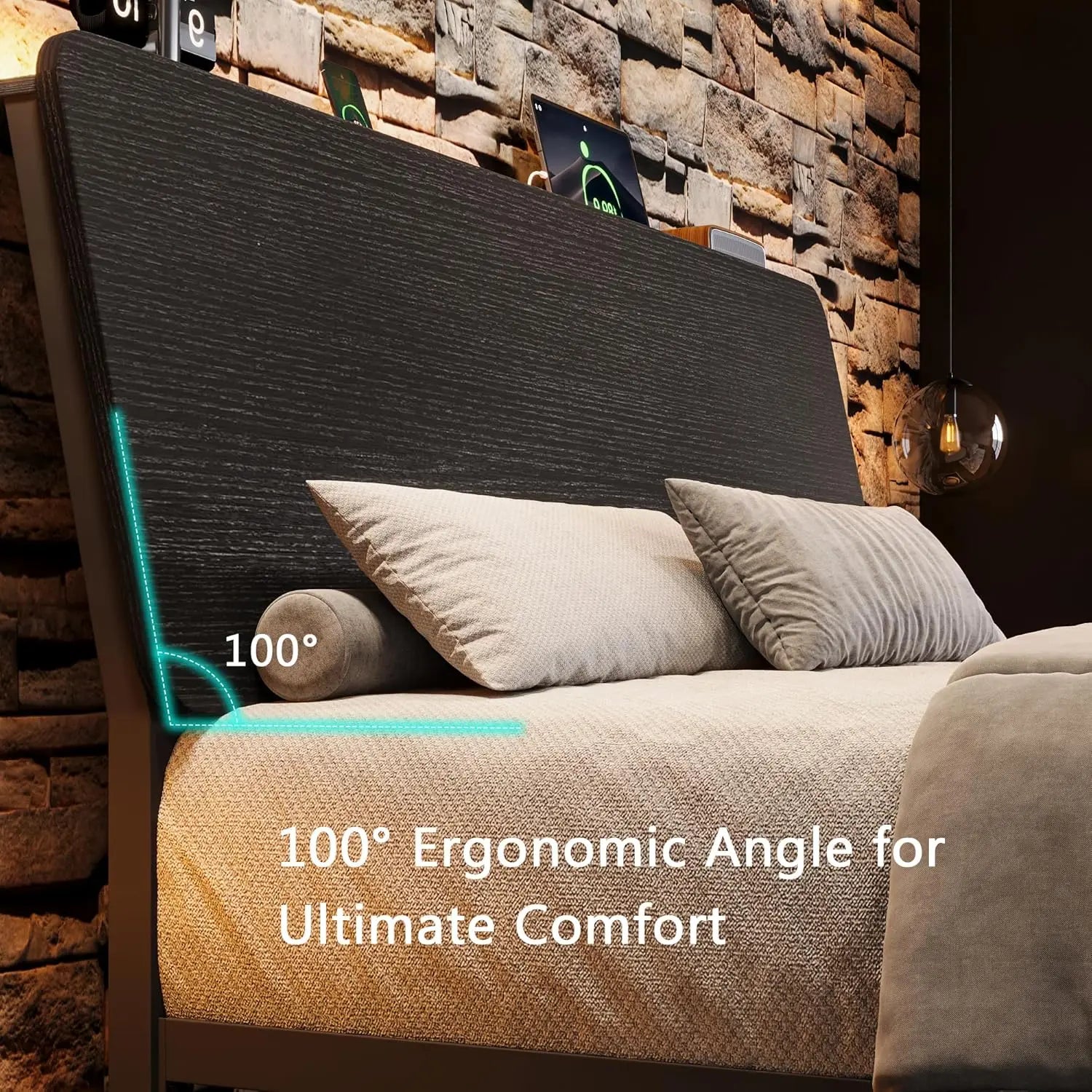 Full Bed Frame with Ergonomic Wooden Storage Headboard, LED Bed Frame with Charging Station, 12" UnderBed Storage,, Customized