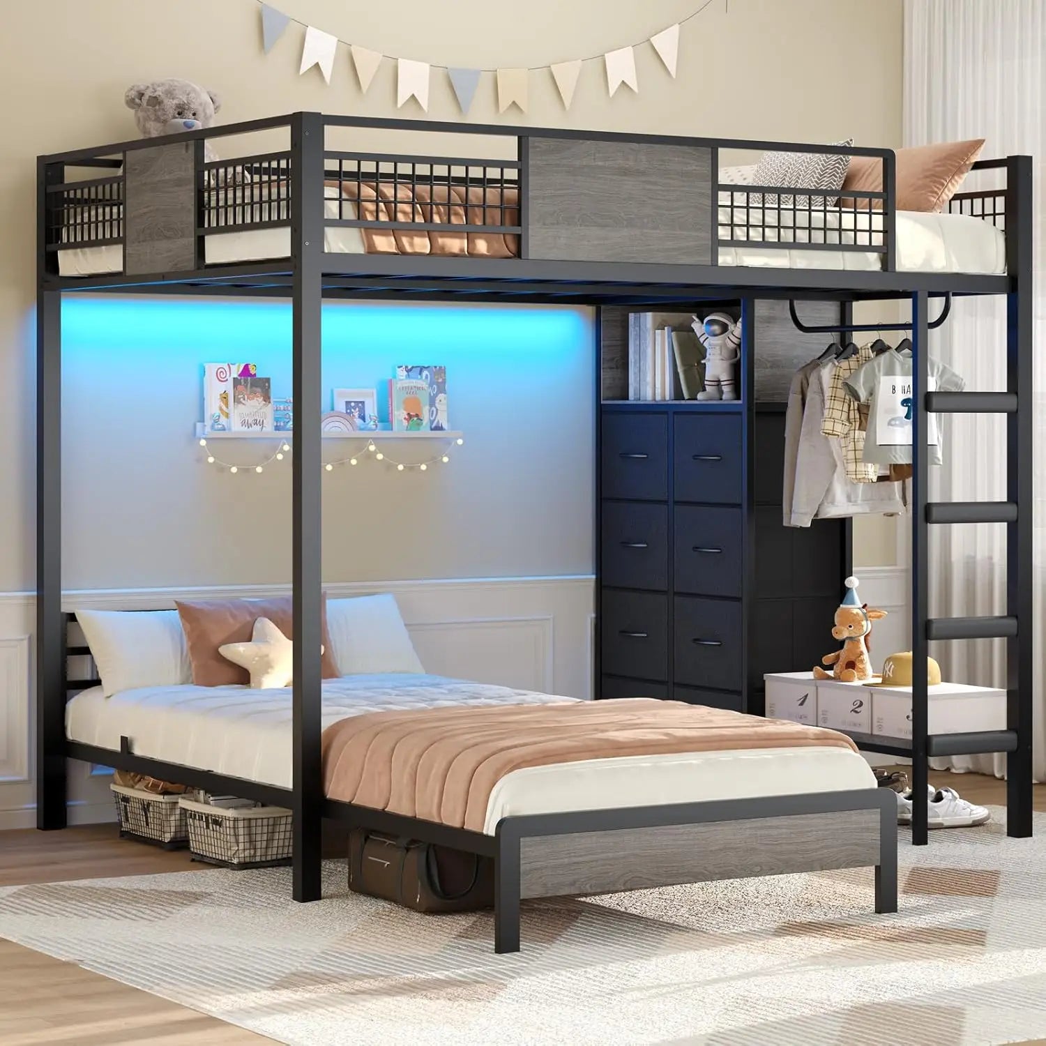 Bunk Bed Twin Over Twin Size with 8 Storage Drawers, Twin Bunk Beds with Led Lights & Storage Shelves, Metal Loft Bed , Black
